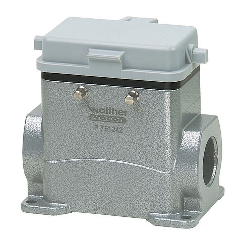 Wall mount housing B10, BB18, DD42 and MOB10 from aluminium, height 74mm with spring cover, double locking system and nozzles 2xM32