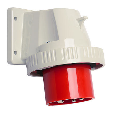 Waterproof panel appliance inlet angled 63A 5P 6h with screwed flange housing 114x114mm and pilot contact