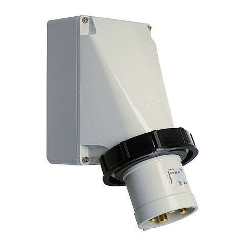 Waterproof wall appliance inlet for external fixing 63A 4P 7h with one top cable entry, non-nickel-plated contacts and pilot contact